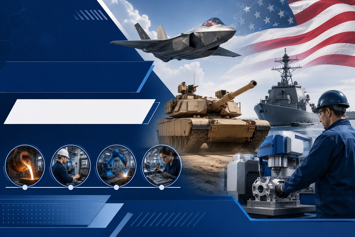 Machinist at a milling machine, with a tank, destroyer and jet under a flag and four factory process circles
