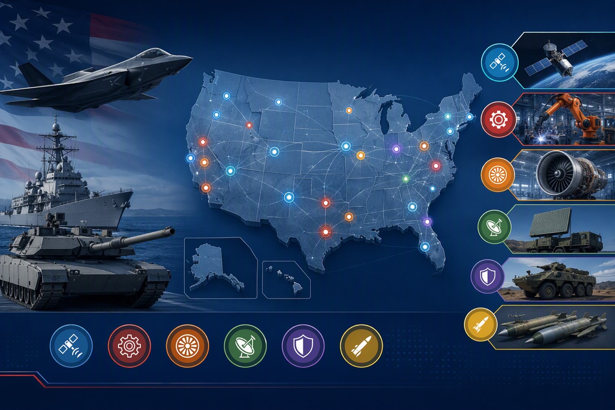 US map with colored location markers, flanked by a jet, warship, tank and panels of satellites, robots and engines
