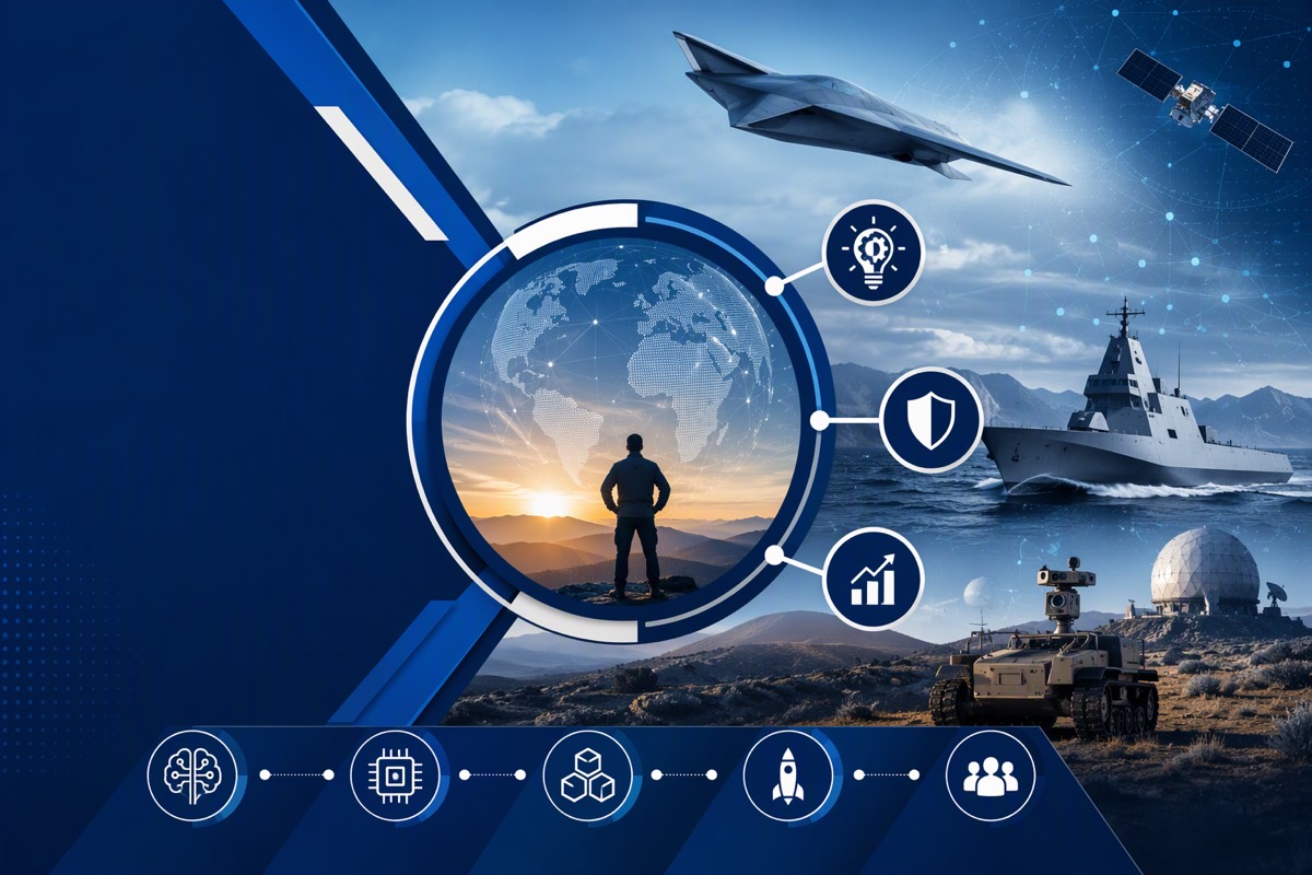 Person watching sunrise inside a globe ring, with a stealth aircraft, satellite, warship, radar dome and robot vehicle
