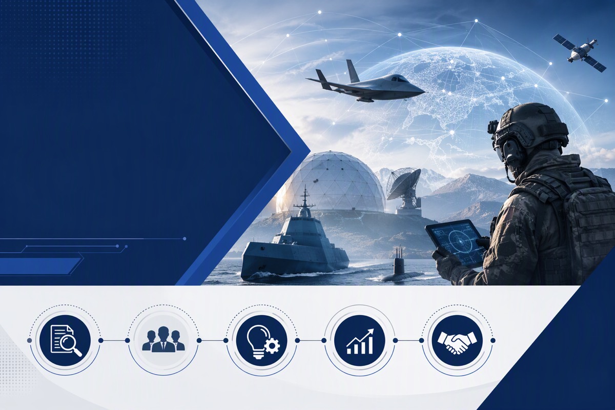 Soldier with a tablet before a radar dome, stealth warship, submarine, jet and satellite, above five flow icons