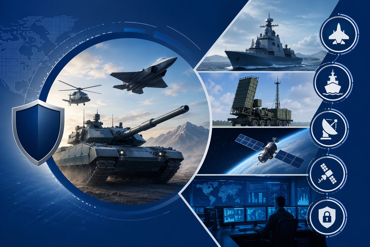 Tank, jet and helicopter in a circle with a shield, beside a destroyer, radar truck, satellite and a monitor wall
