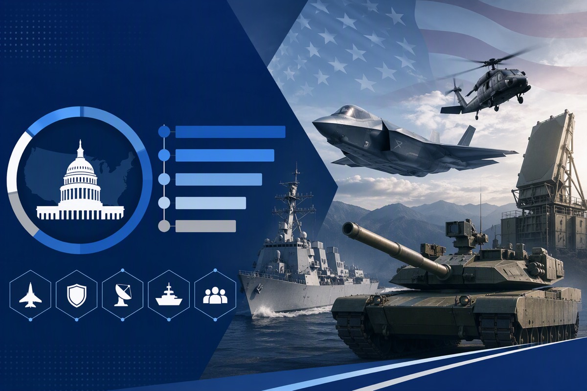 Capitol icon in a ring with ranked bars, beside a jet, helicopter, destroyer, tank and radar tower under a flag