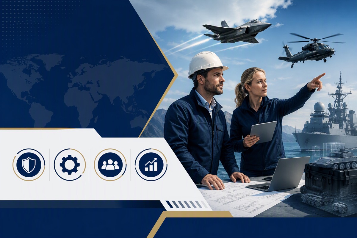 Man in a hard hat and woman with a tablet point at a jet and helicopter, with a warship, blueprints and laptop