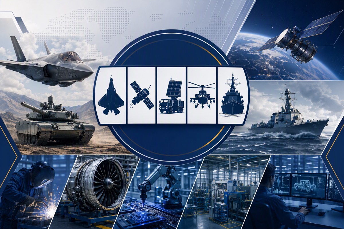 Five vehicle icons in a central badge over a jet, tank, satellite and destroyer, with welding, engine and robot panels