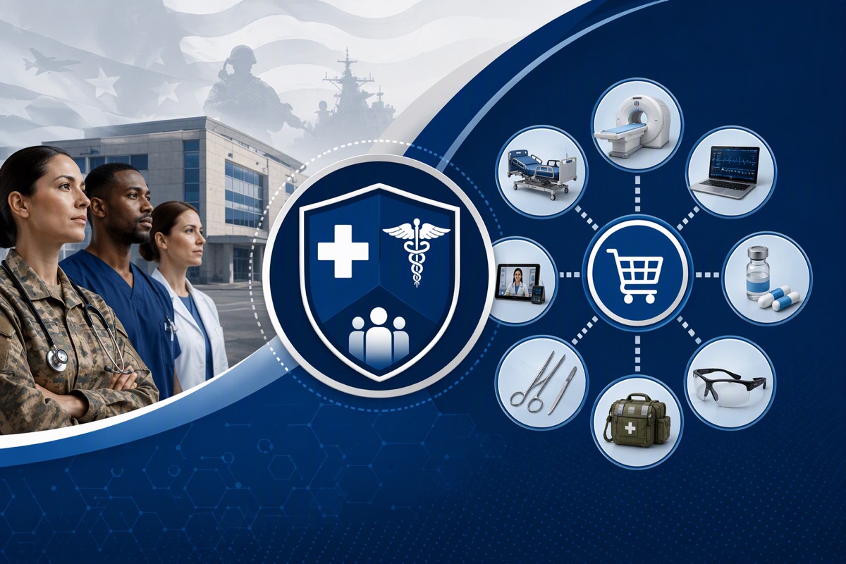 Military and medical staff before a hospital, beside a shield emblem linked to a cart and medical supplies