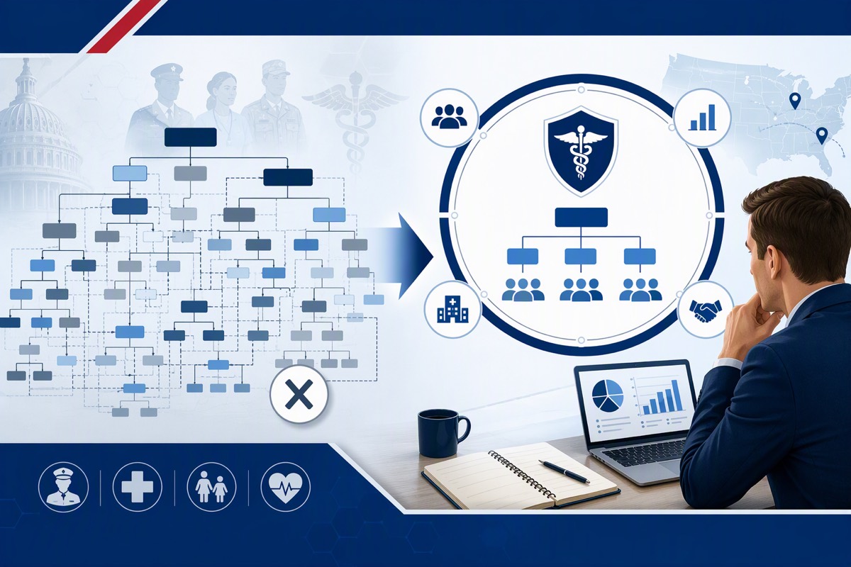Tangled org chart turned into a clean one, with a man at a laptop of charts and a medical shield emblem