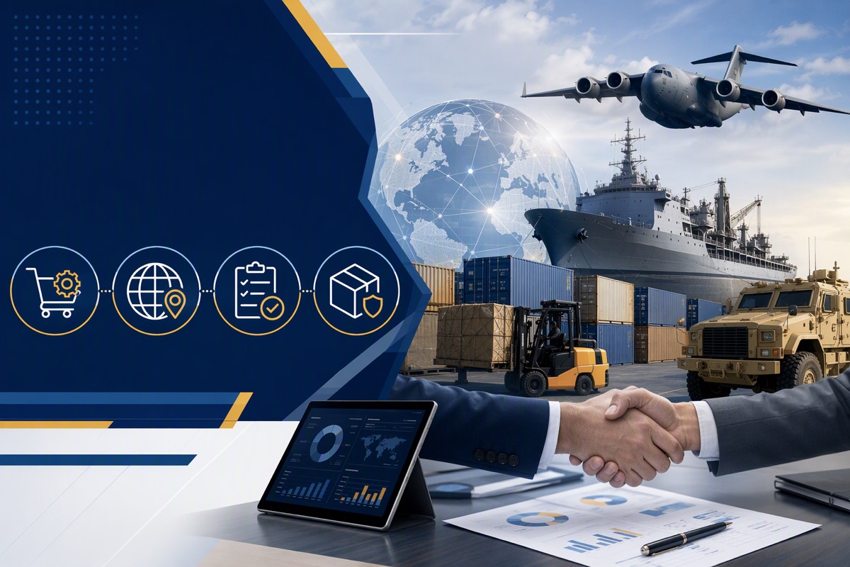 Business handshake over charts and a tablet, with shipping containers, forklift, supply ship, cargo jet and truck