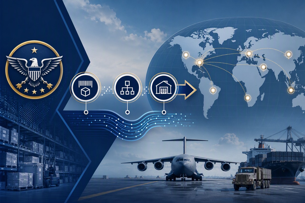 Eagle emblem, warehouse shelves and supply icons beside a world map of shipping routes, a cargo plane and truck