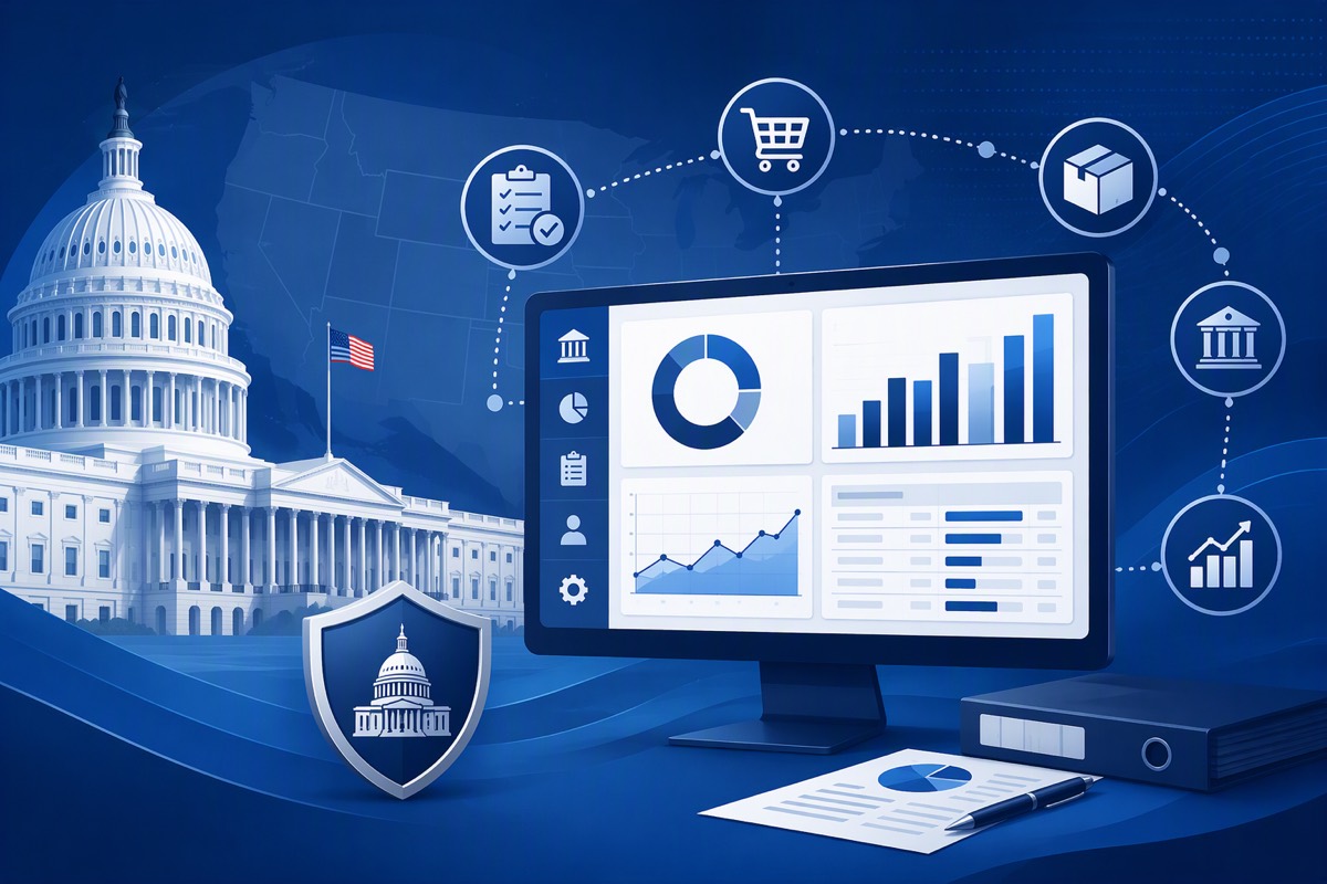 Capitol and shield beside a desktop dashboard of donut, bar and line charts, linked to checklist, cart and package icons
