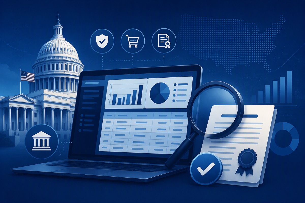 Laptop with charts and a data table beside a magnifying glass and certificate, with the Capitol and a dotted US map