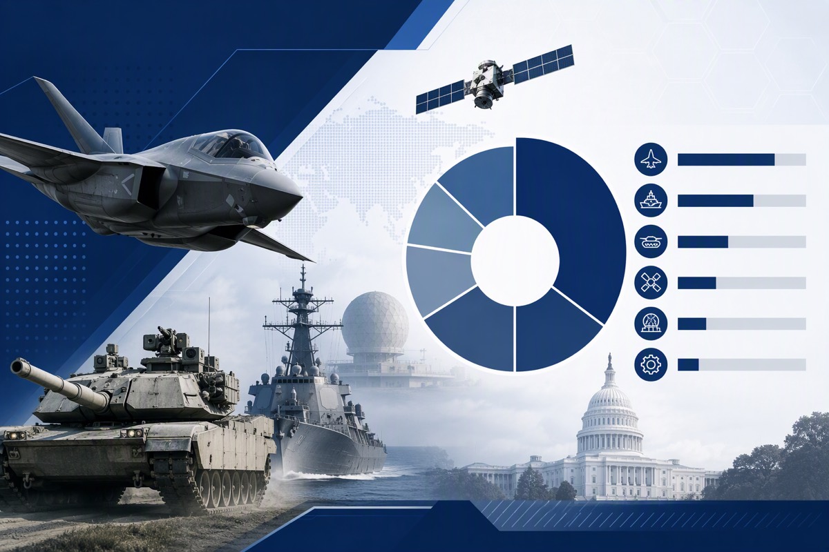 Fighter jet, tank, warship, radar dome and satellite with the Capitol, next to a donut chart and six icon bars