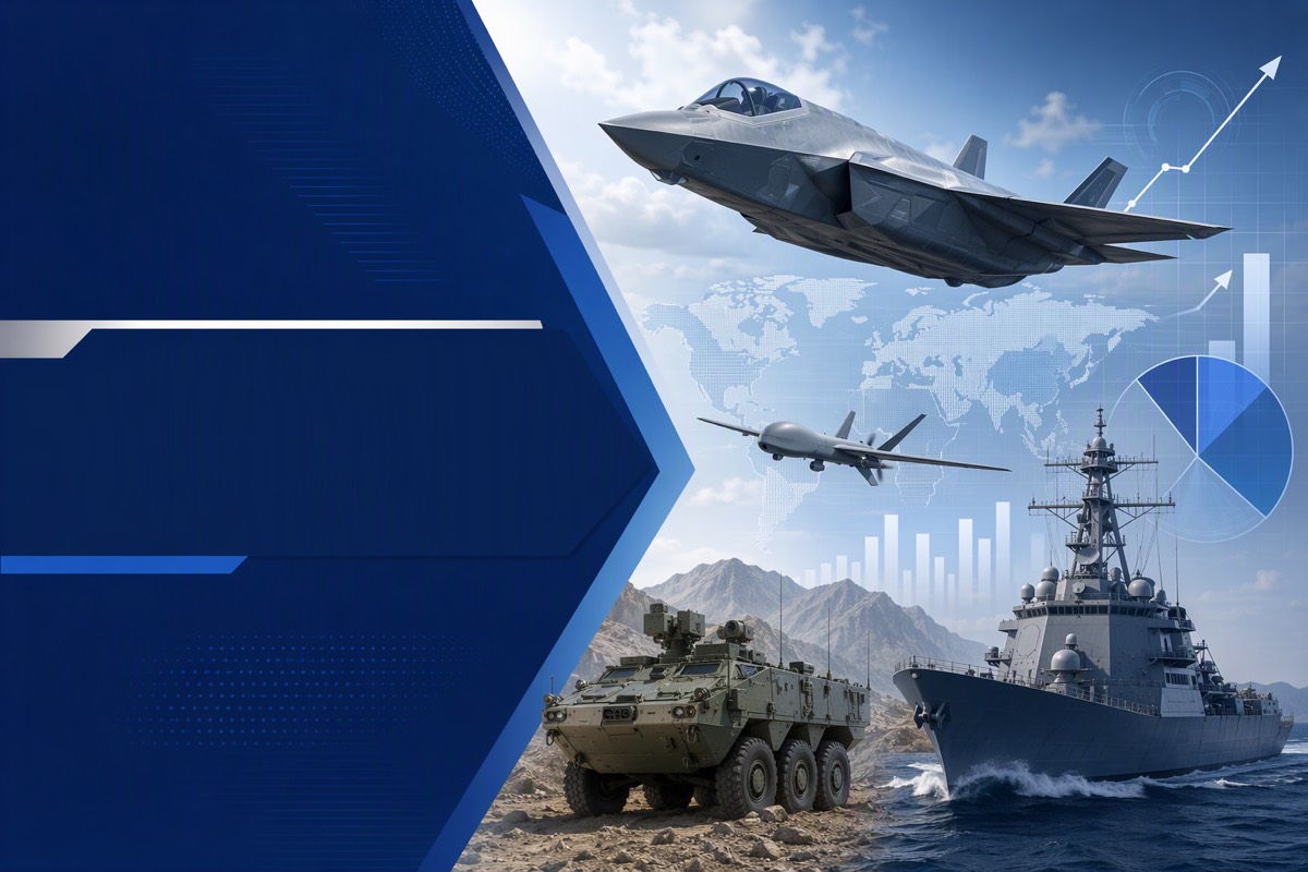 Stealth fighter, drone, destroyer and armored vehicle with a world map, pie chart and bar charts