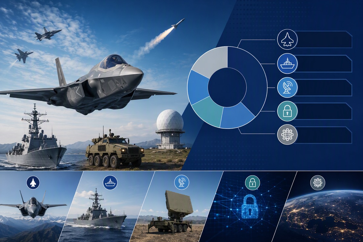 Stealth jet, destroyer, radar dome, armored vehicle and missile launch beside a donut chart with five icons