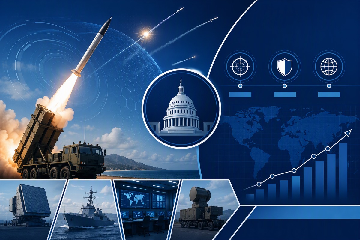 Truck-mounted missile launch with intercept trails, radar, destroyer, control room and a rising bar chart