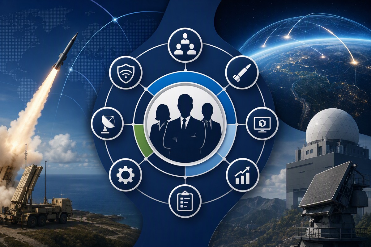 Silhouetted team inside a ring of eight icons, between a missile launch and a radar dome under a network globe