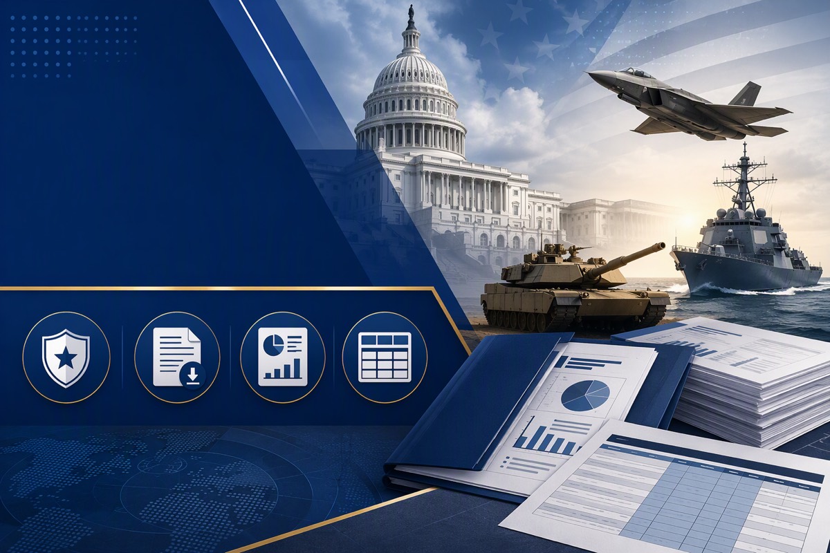 Capitol, fighter jet, destroyer and tank above binders of charts and a spreadsheet, with four document icons