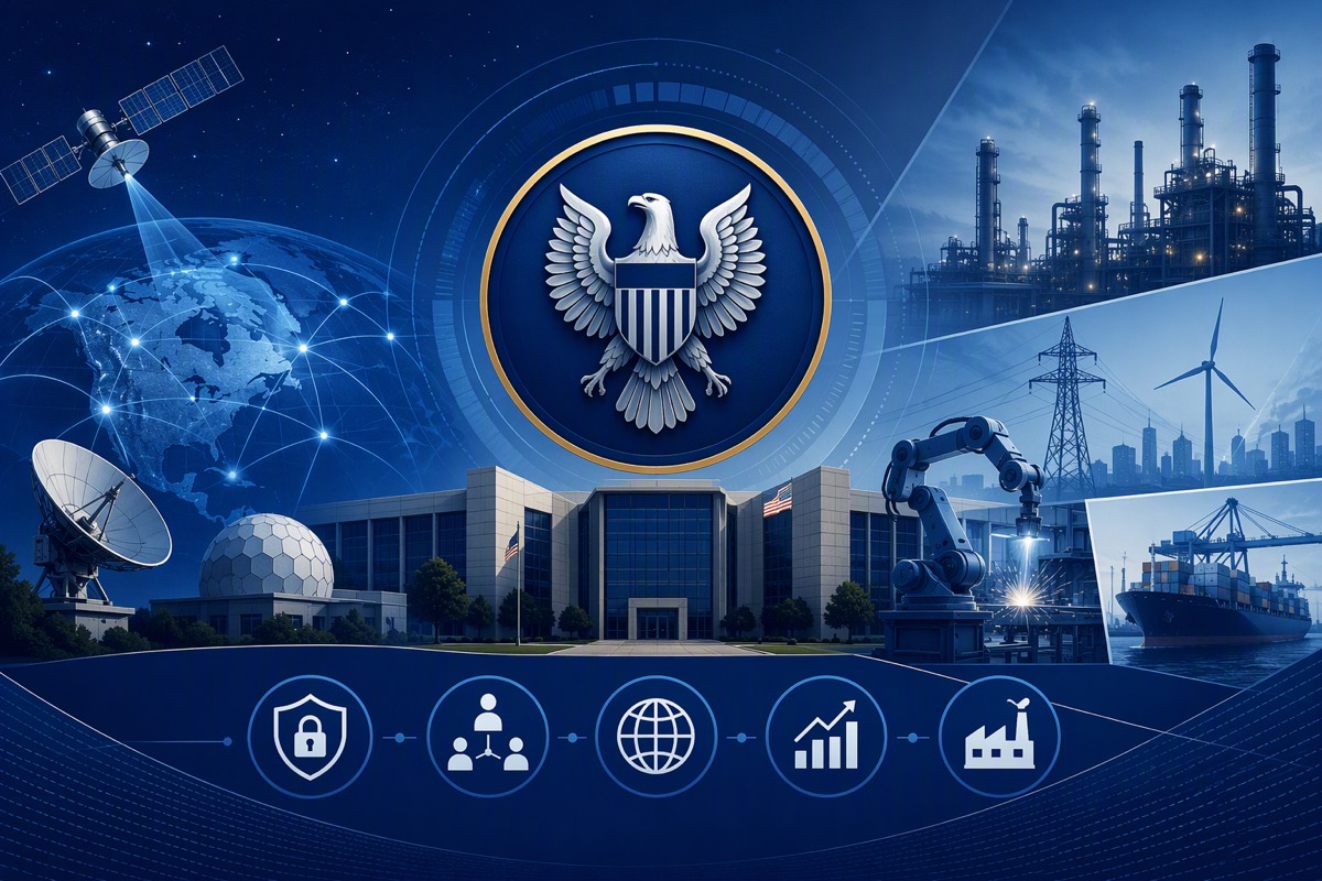 Eagle emblem over a government building with satellite dishes, refinery, power lines, robot arm and cargo port