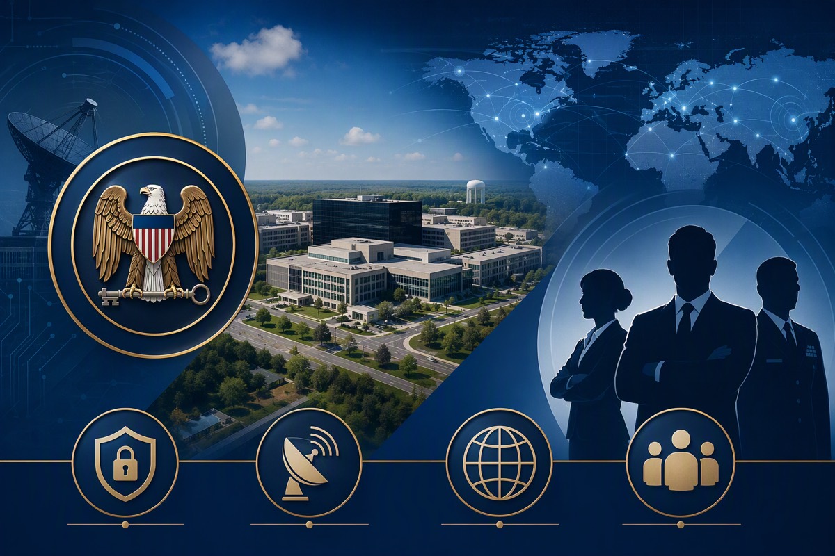 Eagle-and-key emblem, aerial view of an office campus, connected world map and three suited silhouettes