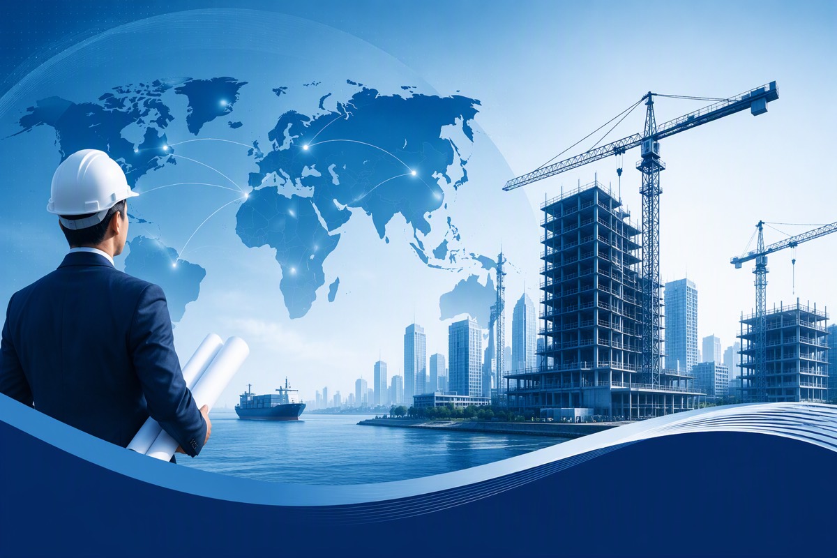 Man in a hard hat and suit holding blueprints, facing a world map with network lines and a harbor with cranes and towers