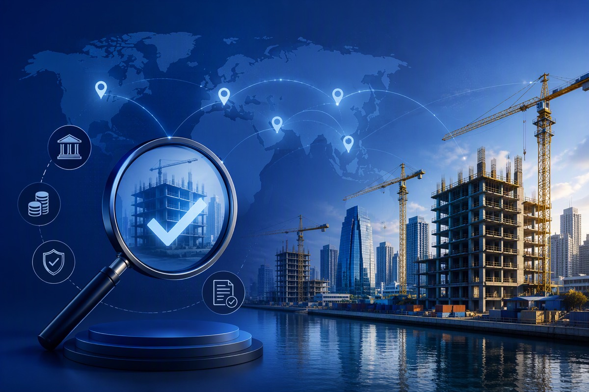Magnifying glass with a check mark over a building under construction, beside map pins, cranes and a waterfront