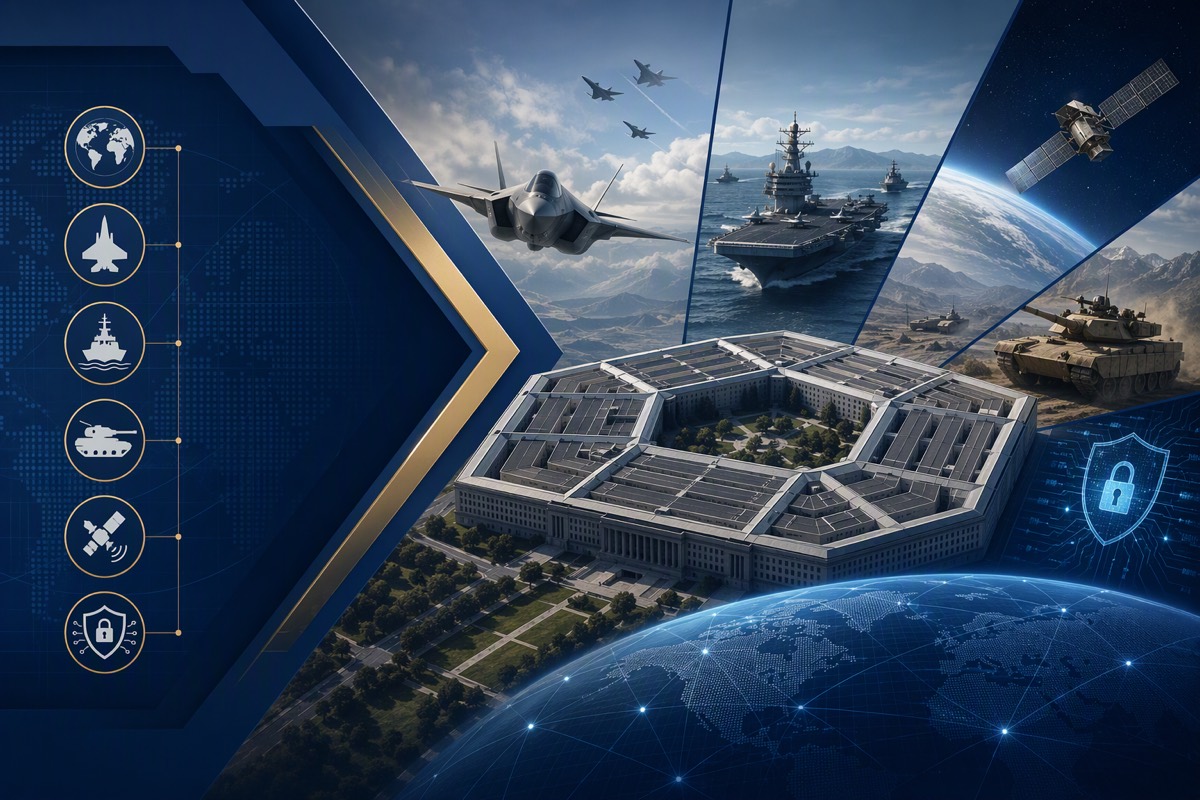 Collage of a five-sided headquarters with a fighter jet, carrier, tank, satellite, globe and military icons