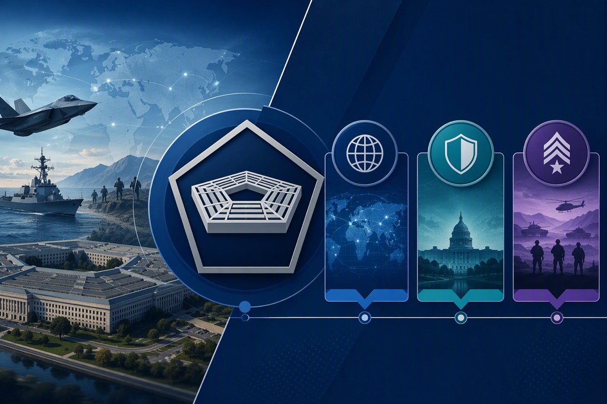Five-sided headquarters and warship beside three icon cards showing a globe, shield and soldiers