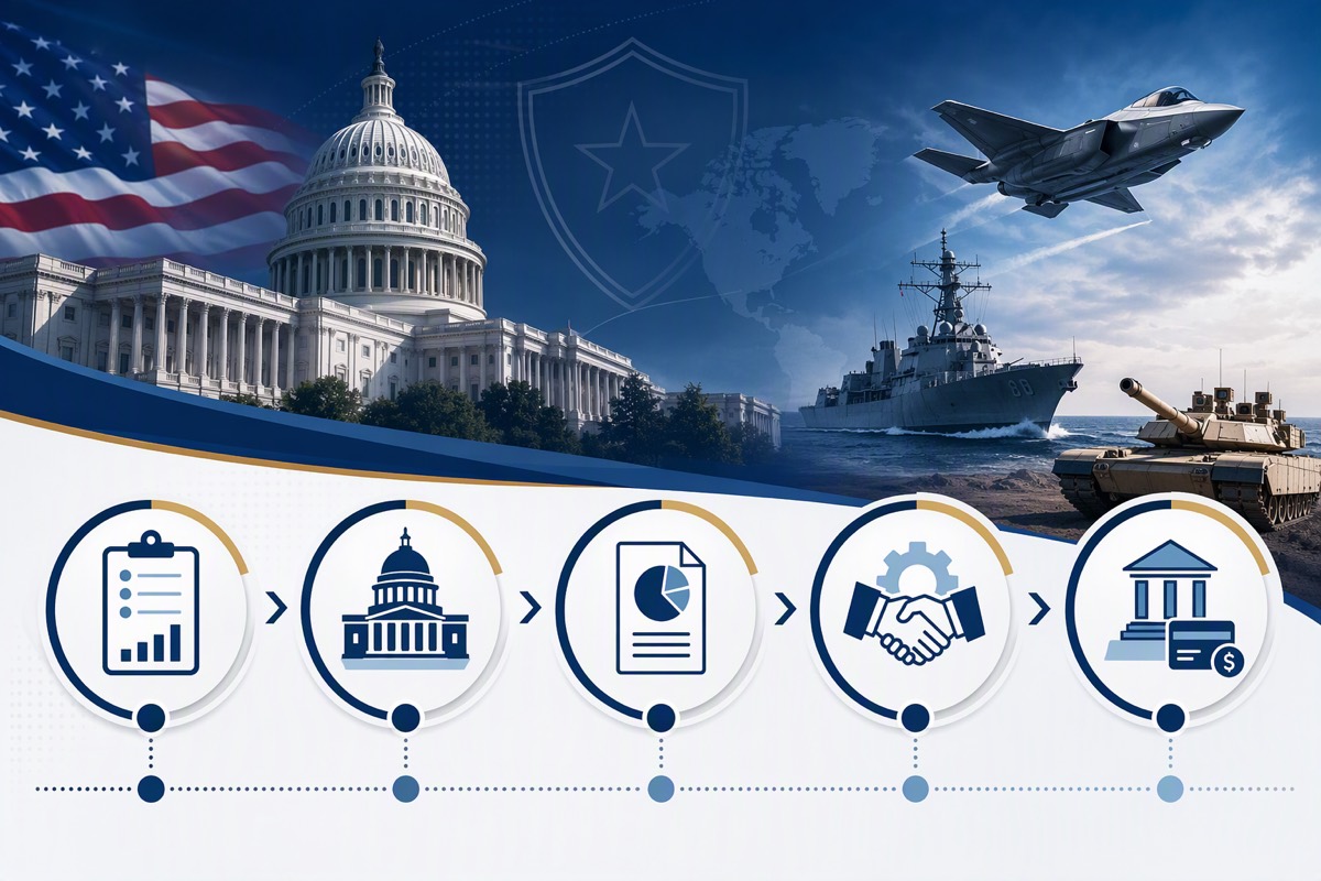 Capitol and flag with a fighter jet, destroyer and tank above a five-step icon timeline ending in funding