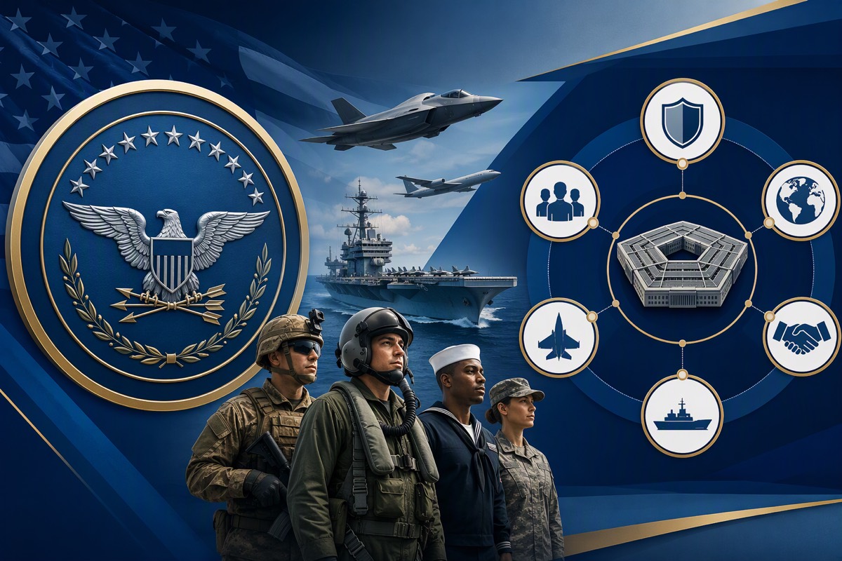 Eagle seal beside uniformed service members, fighter jets and a carrier, with icons around a five-sided building