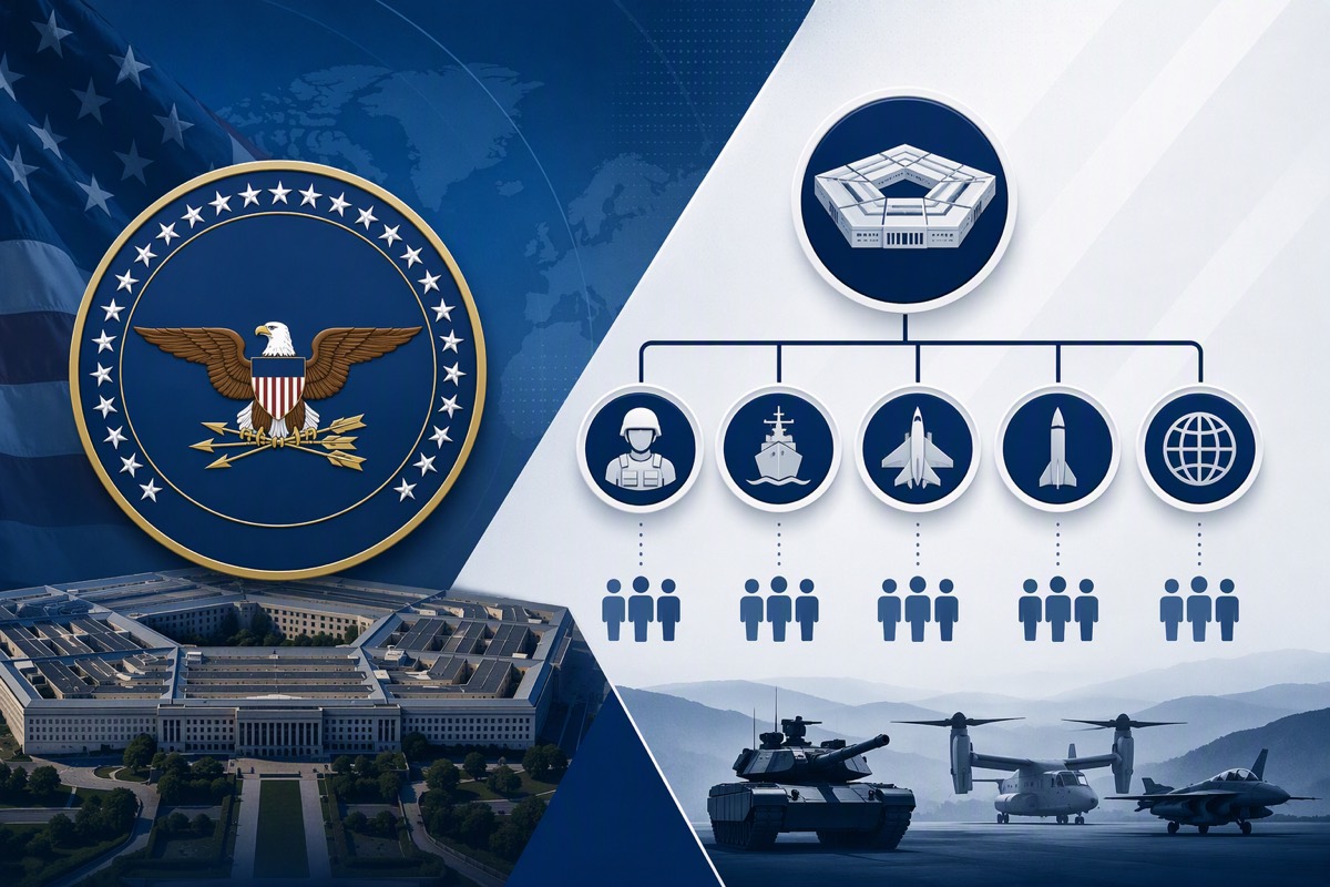 Eagle seal and five-sided headquarters beside an org chart of five military icons, with a tank, tiltrotor and jet