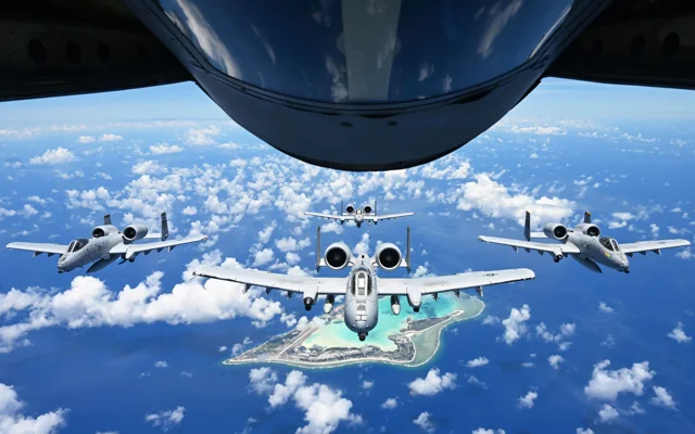 U.S. Air Force A-10 Thunderbolt II aircraft flying in formation over Wake Island