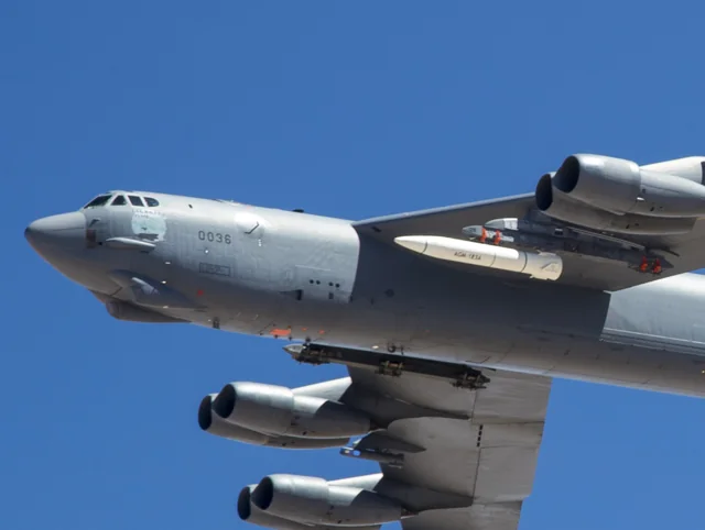 AGM-183A ARRW instrumented test article under a B-52 during its first captive-carry flight, June 2019