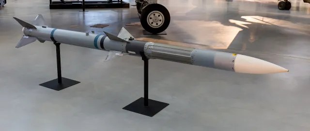 An AIM-120 AMRAAM on display at the Steven F. Udvar-Hazy Center