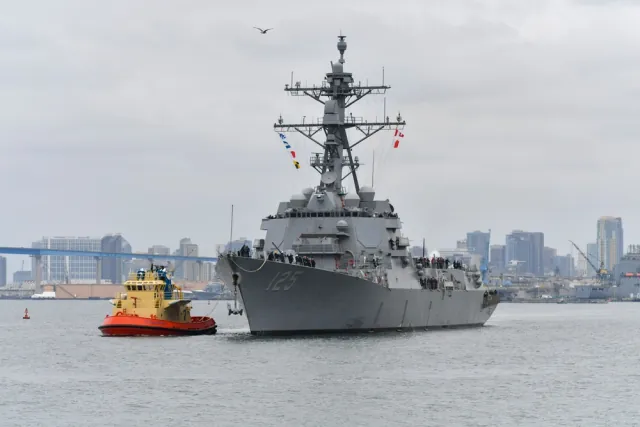 Flight III destroyer USS Jack H. Lucas (DDG 125), fitted with AN/SPY-6(V)1 radar arrays, arriving at Naval Base San Diego