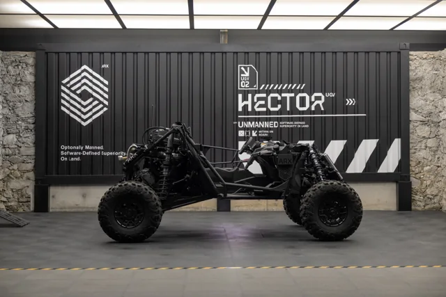 An ARX Robotics HECTOR wheeled UGV chassis demonstrator on display