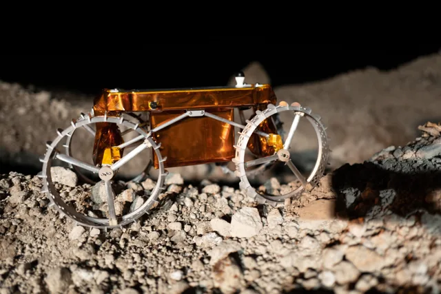 Astrobotic 2U CubeRover shown on rocky test terrain
