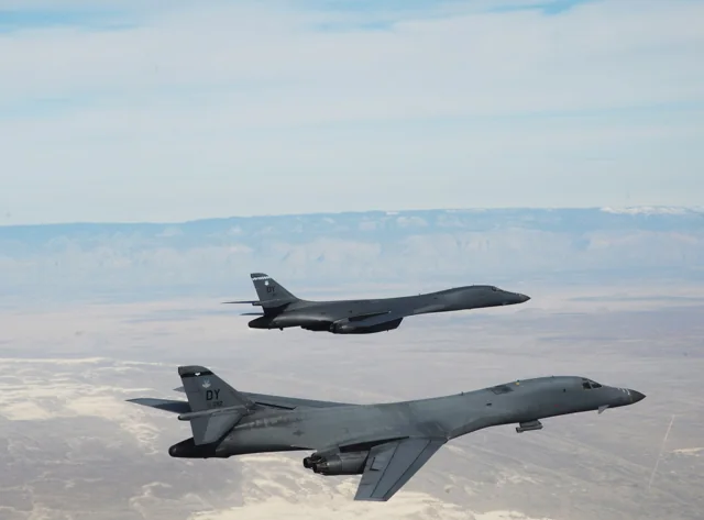 Two U.S. Air Force B-1B Lancer bombers in flight