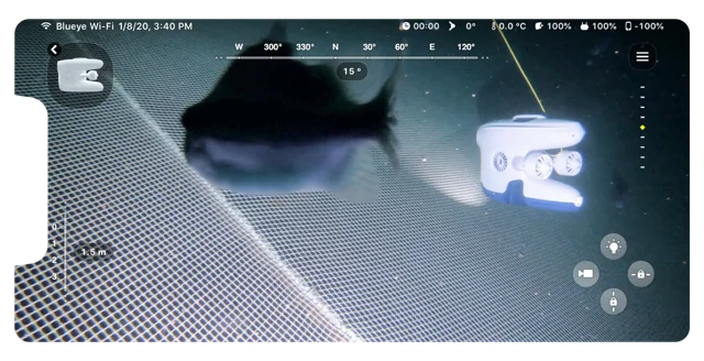 Manufacturer screenshot of the Blueye App assisted-navigation interface.
