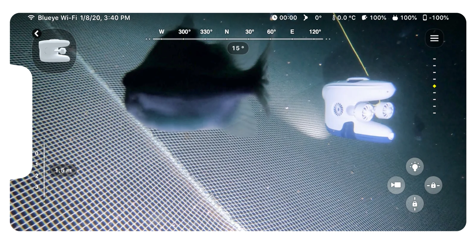 Manufacturer screenshot of the Blueye App assisted-navigation interface.