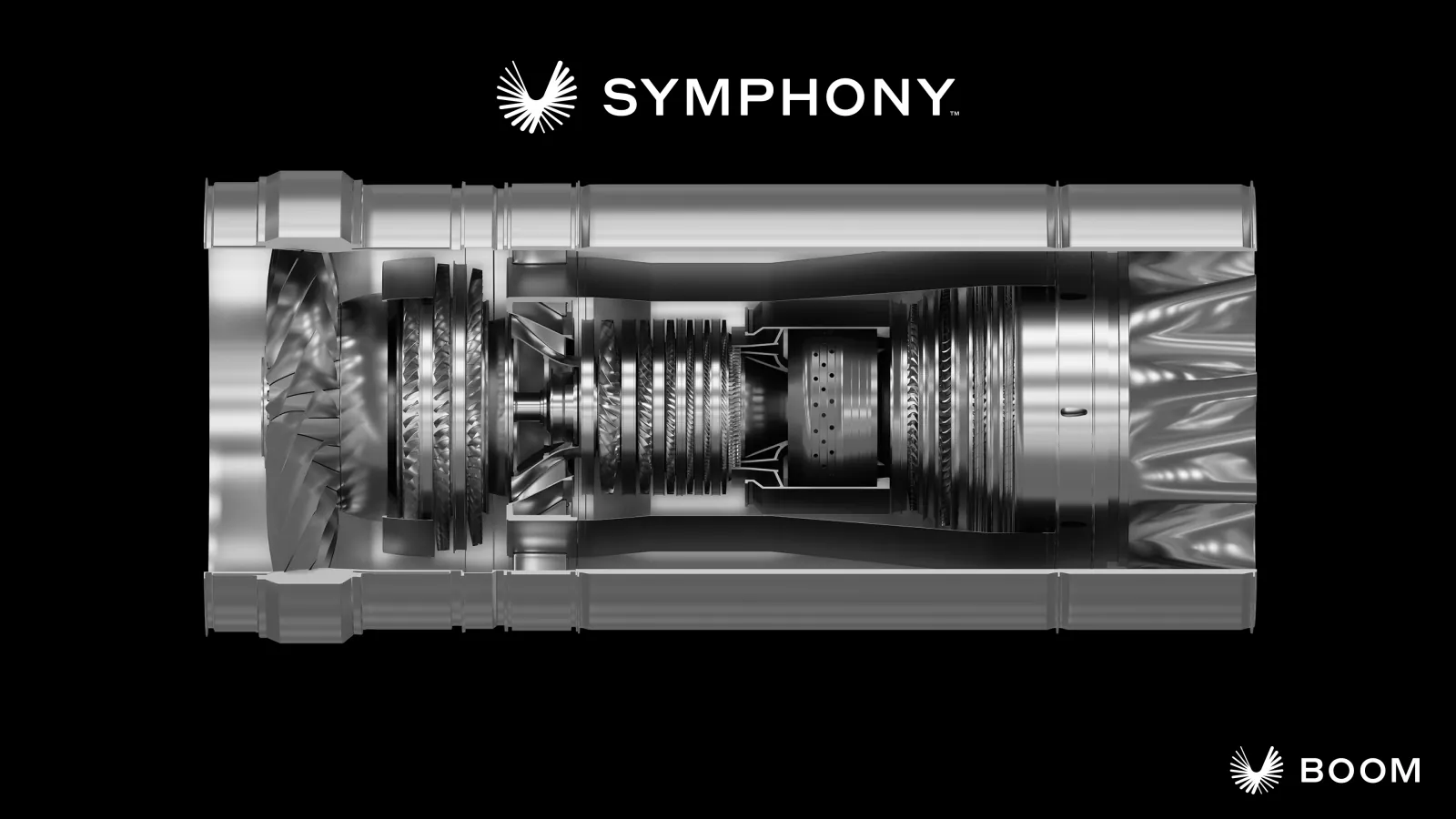 Cutaway concept rendering of the Boom Symphony engine showing internal components.