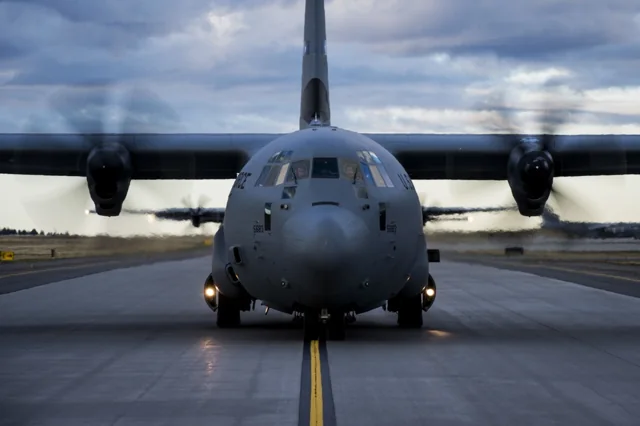 A C-130 Hercules taxiing at Fairchild Air Force Base during Mobility Guardian 2019