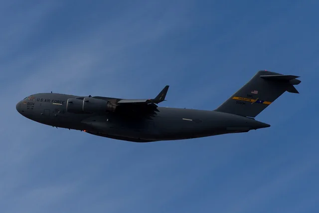 A C-17 Globemaster III in flight over Dover Air Force Base