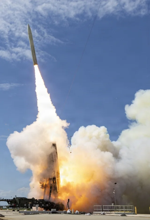 A Dark Eagle hypersonic missile launching from its ground-based launcher