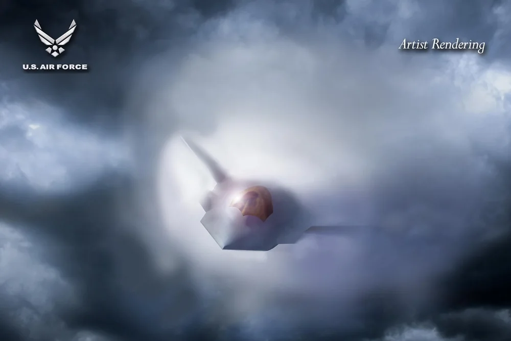 Official U.S. Air Force concept rendering of the F-47 emerging through clouds