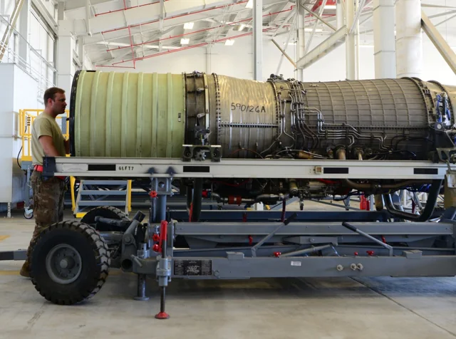 A General Electric F118-101 engine on a maintenance stand at Beale Air Force Base