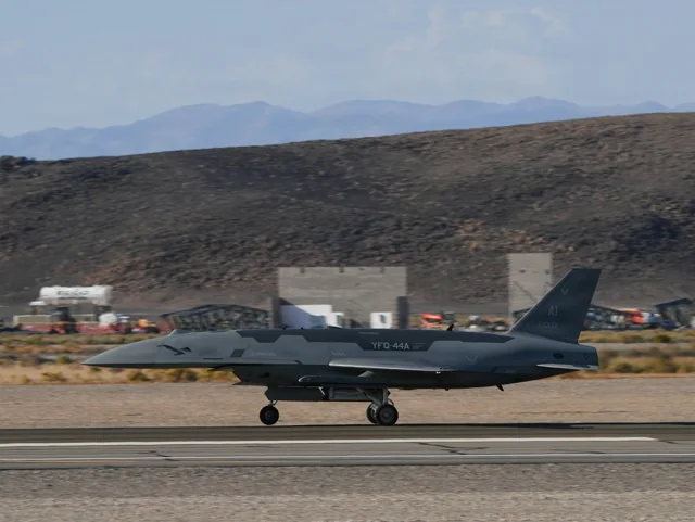 A YFQ-44A Fury prototype landing at Creech Air Force Base
