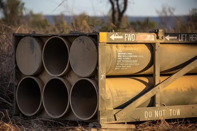GMLRS rocket pods staged on the ground before a fire mission during Exercise Koolendong, Australia