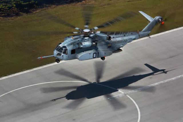 A CH-53K King Stallion heavy-lift helicopter in flight testing.