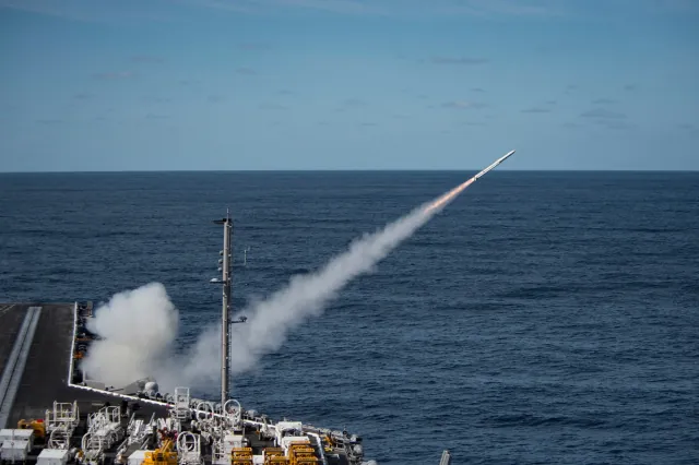 An Evolved Sea Sparrow Missile launches from USS Dwight D. Eisenhower.