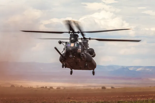 An MH-47 Chinook helicopter in flight.