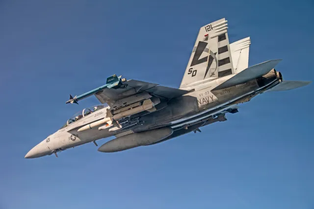 A Navy F/A-18 Super Hornet carrying the StormBreaker (Small Diameter Bomb II) during weapons testing.